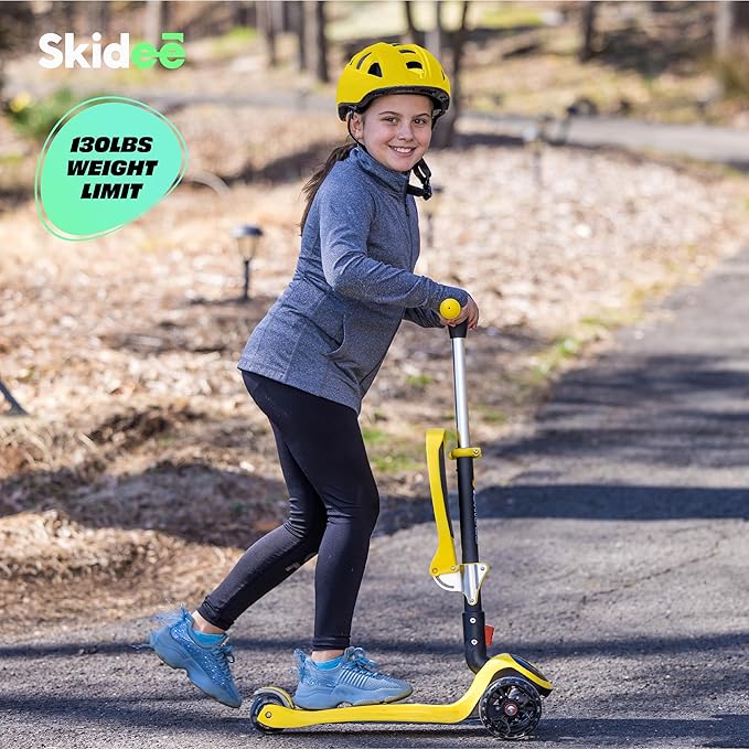 SKIDEE Kick Scooters for Kids Ages 3-5, Adjustable Height Foldable Scooter with Removable Seat, 3 LED Light Wheels, Rear Brake, Wide Standing Board, Suitable Up to 12 Year Old Boys/Girls