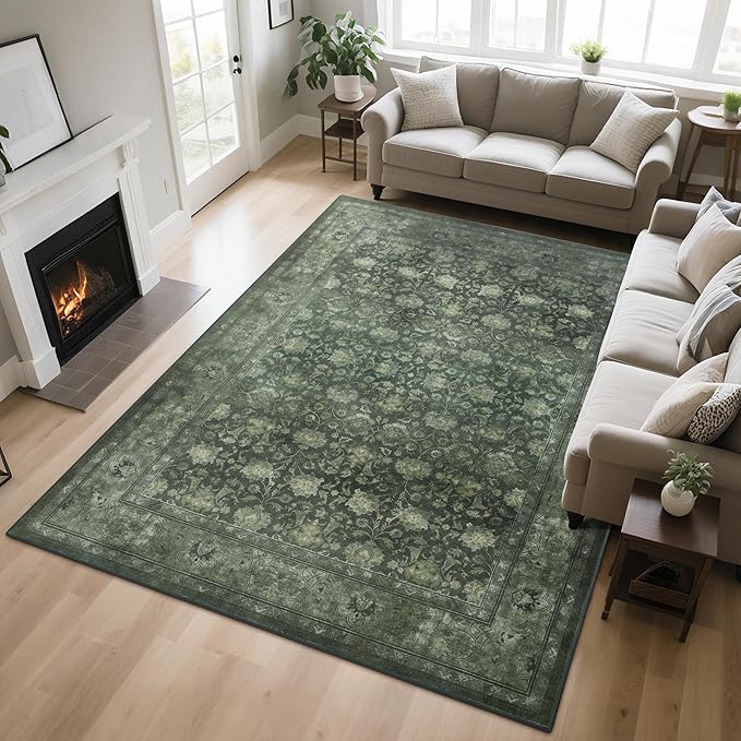 Large 8x10 Washable Area Rug for Living Room, Non Slip Vintage Traditional Rugs for Bedroom, Indoor Thin Accent Floral Nursery Carpet for Dining Room, Farmhouse (Distressed Green)