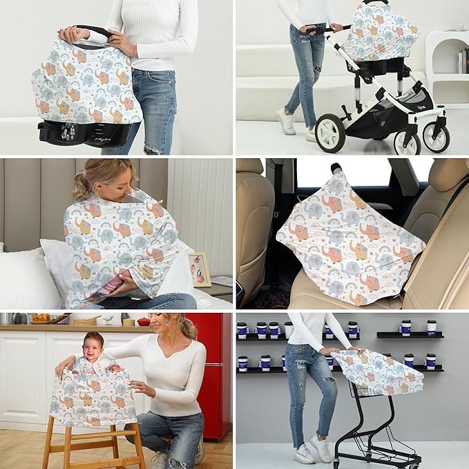 Breathable Car Seat Cover for Babies – Multi-Purpose Soft Rayon Nursing Cover for Breastfeeding, High Stretchy Infant Carseat Canopy, Stroller Cover (Smooth Rayon, Cute Elephant)