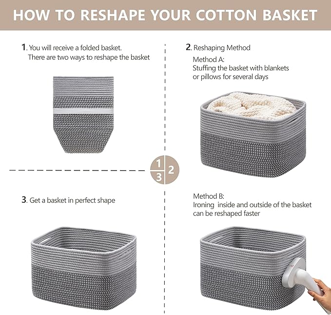 UBBCARE 4 Pack Baskets for Organizing, Woven Storage Baskets for Toys and Towel, Rectangle Cotton Rope Basket with Handles, 15''L x10''W x9''H, Mixed Grey