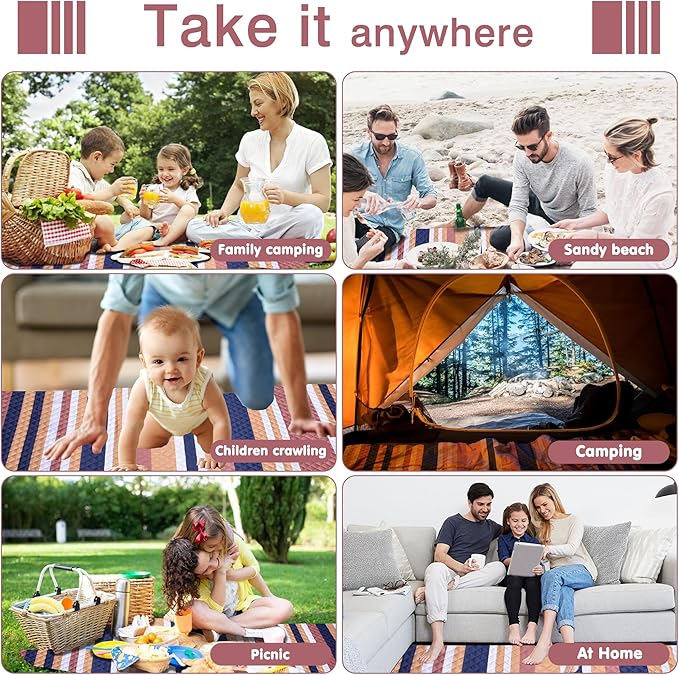 Waterproof Picnic Blanket 80" x 80" in Portable with Carry Strap for Beach Mat or Family Outdoor Camping Party, Park Blanket for Grass Park, Hiking, Travel, Concerts (Brown&Orange, 80" x 80")