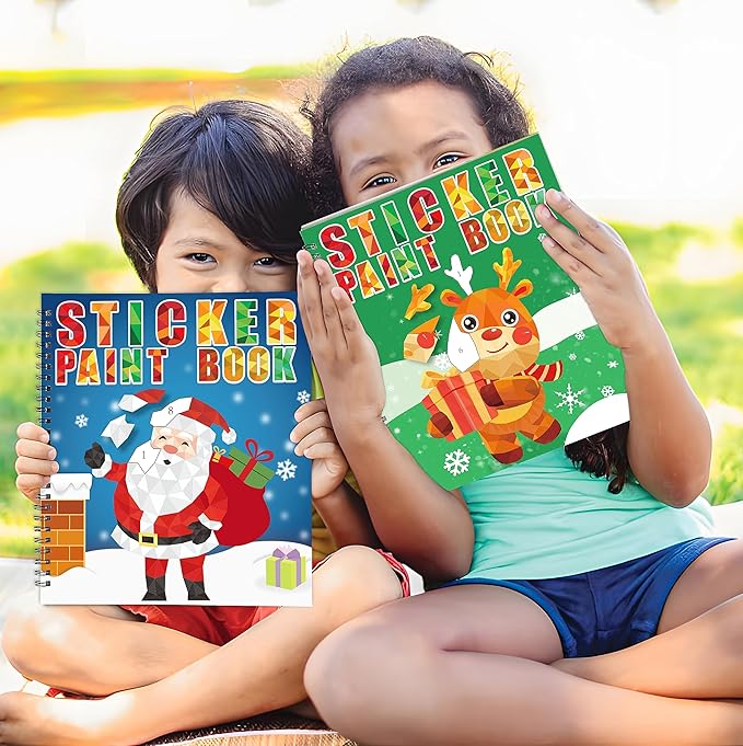 90shine 4PCS Christmas Crafts for Kids Ages 4-8 Sticker Paint Books - Includes Santa Clause Snowman Elf Gnome and More Designs Gift Party Create 40 Pictures