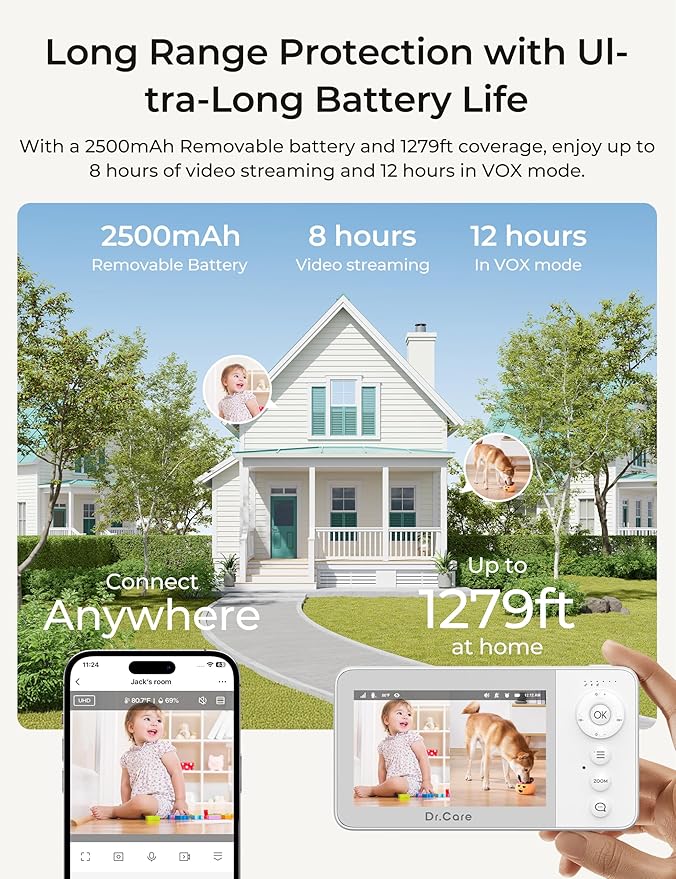 VistaView Lite RB Smart WiFi Baby Monitor with 2 Cameras - 4” 720P Split Screen & 1080P Camera App Control, Motion Alerts, 2500mAh Removable Battery, Night Vision, Multi-User, Triple Security