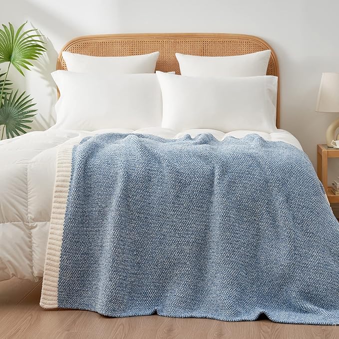Snuggle Sac Blue Throw Blankets for Couch, Reversible Super Soft Warm Blankets Cozy Knit Blanket Fuzzy Plush Throws for Sofa, Bed, Gift, Heather Blue, 50 x 60 inches