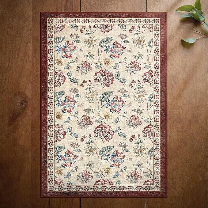jinchan 2x3 Floral Rug for Entryway Washable Kitchen Rug Vintage Romance Design Small Mat Non Slip Indoor Doormat Lightweight Low-Profile Throw Carpet for Entrance Bathroom Laundry Room, Red/Beige
