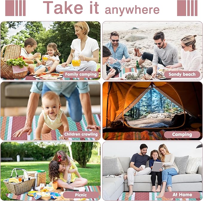 Waterproof Picnic Blanket 80" x 60" in Portable with Carry Strap for Beach Mat or Family Outdoor Camping Party, Park Blanket for Grass Park, Hiking, Travel, Concerts (Orange&Brown, 80" x 60")