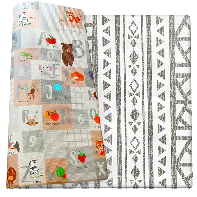 Cushmat Stylish Reversible Foam Play Mat (Large, Tropical Safari - Crystals Char) - Soft, Waterproof, Durable Play mat for Infants, Babies, Toddler, Kids & Grownup - 6.5ft x 4.5ft