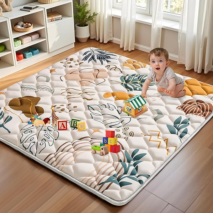 Baby Play Mats for Floor, 50x50 Playpen Mat for Babies, Extra Thicker & Soft Floor Crawling Mat, Foldable Non-Slip Playmat Cushioned for Infants Toddlers, Boho Leaf Style