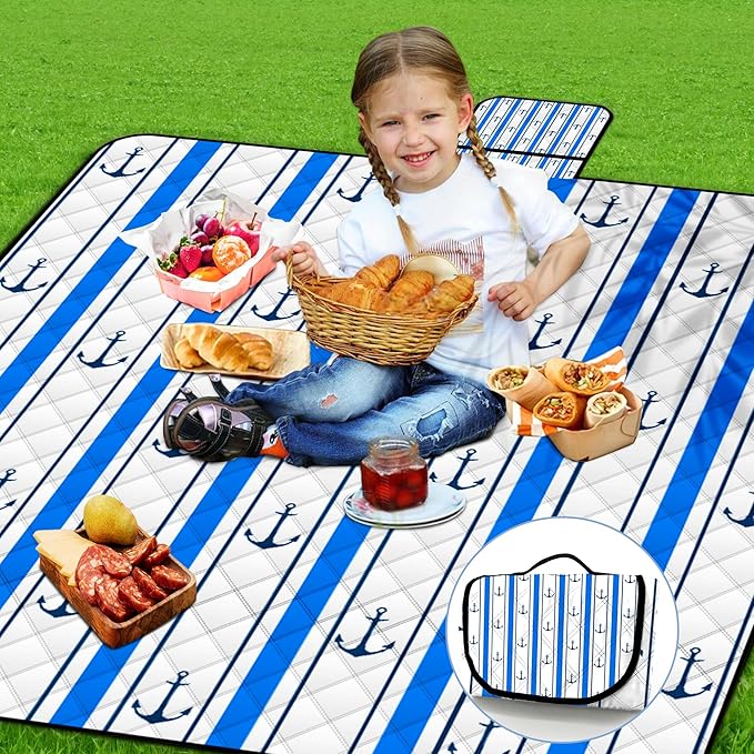Poedist Extra Large Picnic Blanket Waterproof,80"x 80"Foldable Machine Washable Beach Blanket,Outdoor Blanket for 6-8 Adults,Suitable for Indoor Crawling,Park Beach,Camping,Hiking,Family Travel(Blue)
