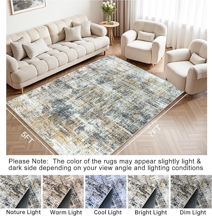 Area Rug Living Room Rugs: 5x7 Abstract Washable Rugs Ultra Soft Carpets with Non-Slip Backing Stain Resistant Carpet for Dining Room Table Bedroom Nursery Indoor Home Office Brown/Gray
