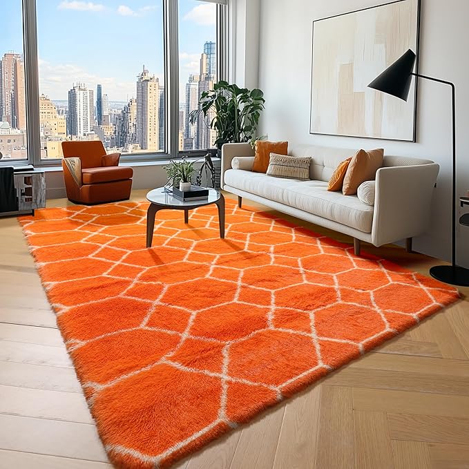 ONASAR Area Rugs for Bedroom Living Room, Washable 4x6 Fluffy Orange and White Throw Rug, Geometric Soft Shaggy Fuzzy Plush Indoor Floor Carpet for Kids Teen Nursery Dorm Office Home Decor Aesthetic