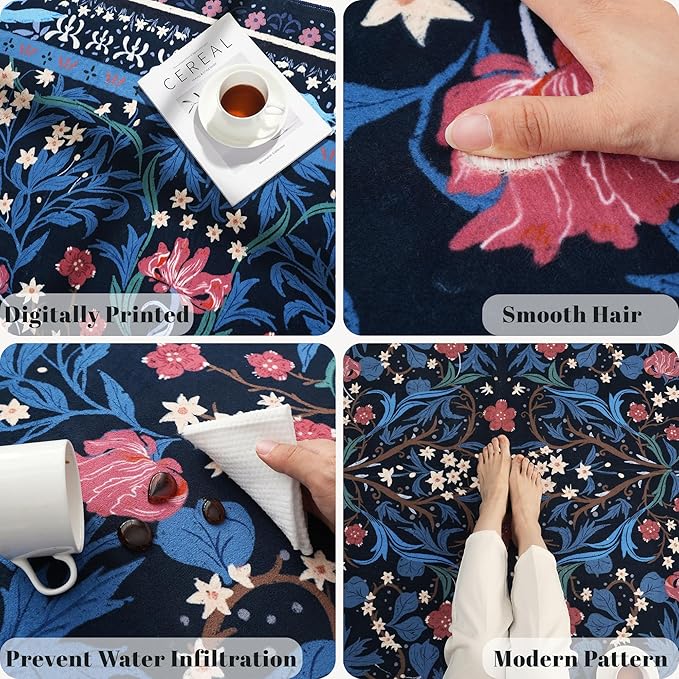 Door Mat Indoor Entrance 2x3 Rug Machine Washable Vintage Floral Botanical Small Area Rug Non-Slip Low Pile Throw Rugs for Entryway, Kitchen, Front Door Entrance, Entry, Kids Room, Blue