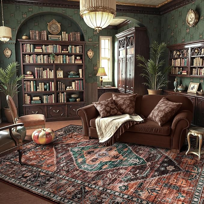 Lahome 8x10 Ultra-Thin Living Room Rug (Non-Slip Washable Non-Shedding)(Oriental Vintage Distressed Carpet for Dining,Bedroom,Office)