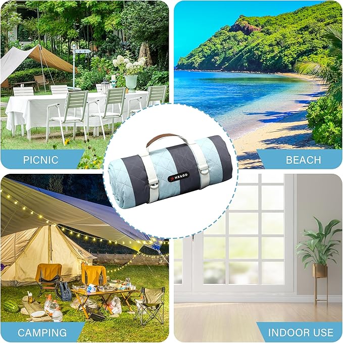 HX&OD Outdoor Picnic Blanket Extra Large, 80''*80'' Waterproof Picnic Mat with Stakes Foldable Camping Blanket Portable with Carry Strap for Beach Mat (Grey& Green, 80''*80'')