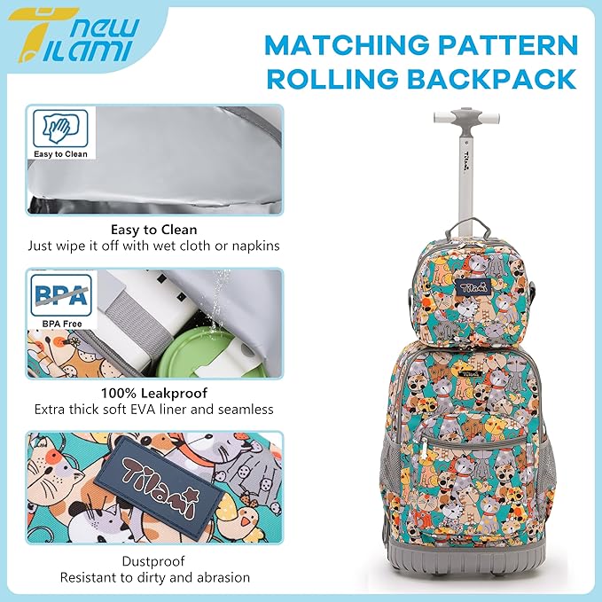 NEW TILAMI Kids 18 inch Rolling Backpack - Durable Waterproof Large Capacity Adjustable Handle Stair Climbing Design for Boys & Girls, Cats Cute