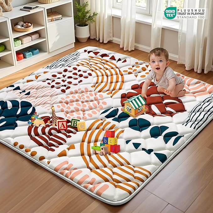 Baby Play Mats for Floor, 50x50 Playpen Mat for Babies, Extra Thicker & Soft Floor Crawling Mat, Foldable Non-Slip Playmat Cushioned for Infants Toddlers, Boho Leaf Design