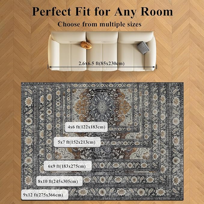 Washable 6x9 Area Rug for Living Room, Carpet for Bedroom Dining Room, Non Slip&Non-Shedding Resistant Low Pile Vintage Print Rug for Home Office (Tan/Gray)
