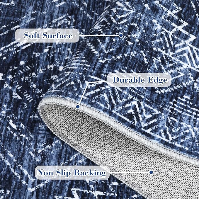 COZYLOOM Washable Runner Rug 2x6 Vintage Non Slip Low Pile Rug Soft Throw Floor Cover Geometric Tribal Foldable Indoor Carpet for Living Room Bedroom Playroom Nursery, Blue