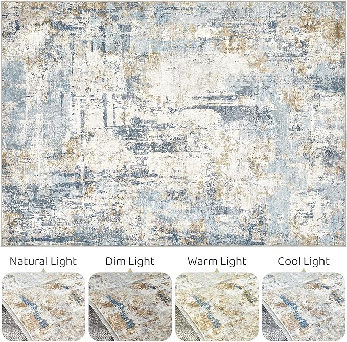 4x6 Rug Washable Area Rugs: Abstract Modern Soft Stain Resistant Indoor Floor Accent Non Slip Carpet for Living Room Entryway Kitchen Bedroom Nursery Office Bedside Home House Decor- Blue