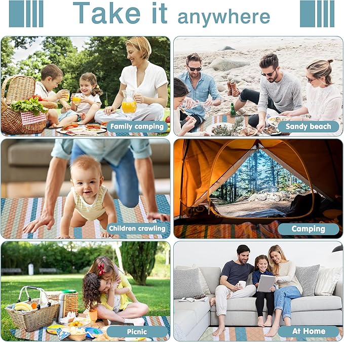 Waterproof Picnic Blanket 80" x 80" in Portable with Carry Strap for Beach Mat or Family Outdoor Camping Party, Park Blanket for Grass Park, Hiking, Travel, Concerts (Crystal Blue & Orange, 80" x 80")