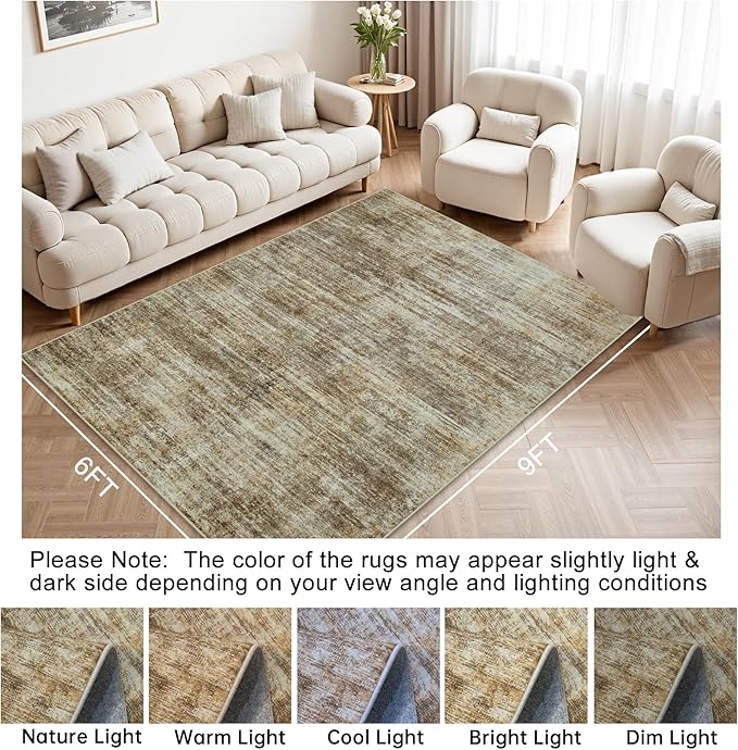 Washable Rug 6x9 Area Rugs, Abstract Large Living Room Rugs with Non-Slip Backing, Thin Carpet for Dorm Dining Room Table Nursery Indoor Home Office-Brown