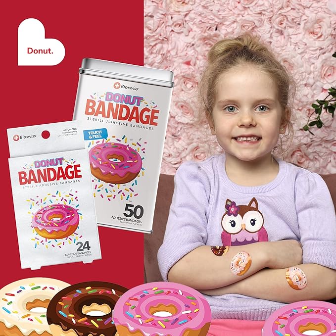 BioSwiss Bandages, Donut Shaped Self Adhesive Bandage, Latex Free Sterile Wound Care, Fun First Aid Kit Supplies for Kids, 50 Count
