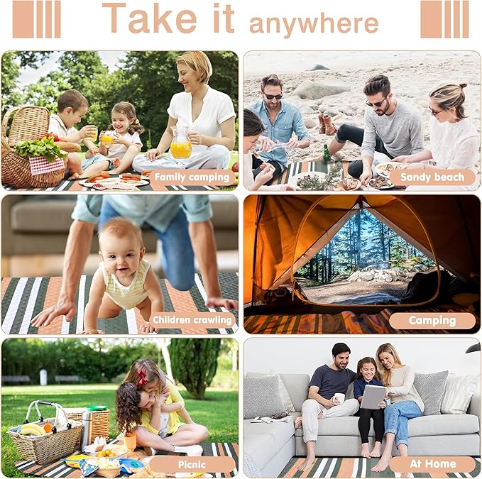 Waterproof Picnic Blanket 80" x 80" in Portable with Carry Strap for Beach Mat or Family Outdoor Camping Party, Park Blanket for Grass Park Hiking Travel Concerts (Dark Green&White&Orange, 80" x 80")