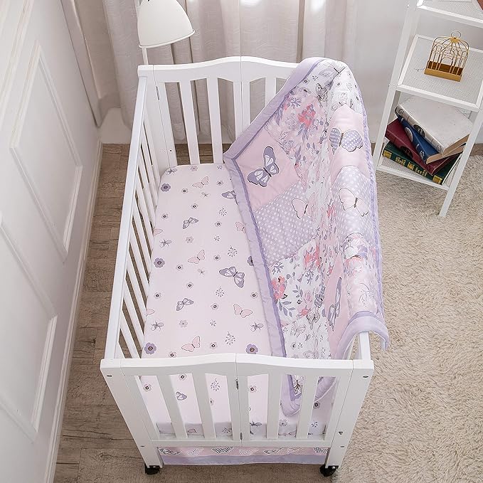 La Premura Baby Mini Crib Bedding Set for Girls, Pastel Purple Butterfly, 3 Piece Crib Set for Nursery Portable Crib, Purple and Pink