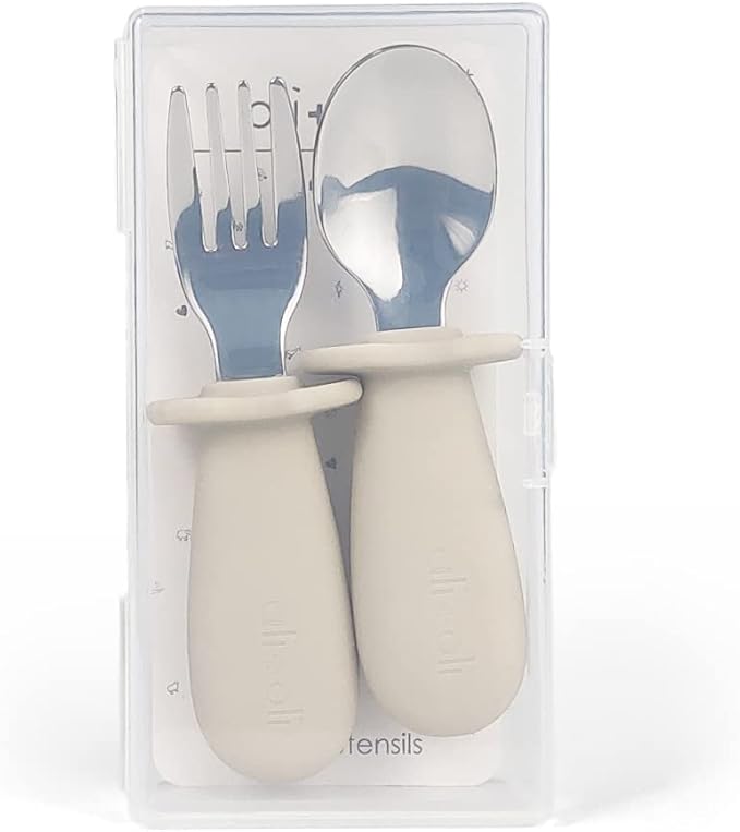 Ali+Oli Spoon & Fork Learning Set for Toddlers (Khaki) 6m+ Grab Easy BPA Free Food-Grade Silicone Handle, Kids Silverware Self Feeding Baby Utensils, Multi-stage Baby Feeding Set Ergonomic Design
