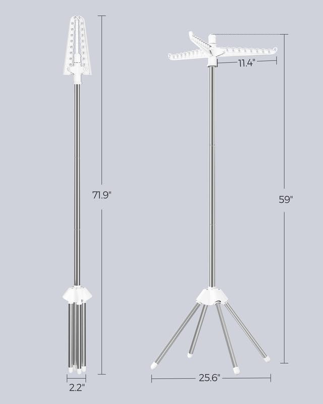 SONGMICS Clothes Drying Rack, 59-Inch Folding Laundry Drying Rack with 3 Rotatable Arms for Hangers, 4 Legs, Stainless Steel, for 27 Pieces of Clothes, White and Silver ULLR510W01