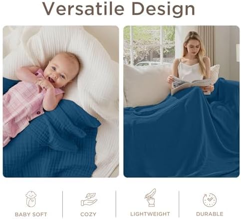 Threadmill Muslin King Blanket | 4 Layer 100% Cotton Gauze Summer Blanket | Soft, Breathable, and Cozy for All Seasons | Lighweight King Size Blanket for Bed | Folkstone Blue