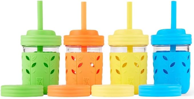 Elk and Friends Kids & Toddler Cups | The Original Glass Mason jars 8 oz with Silicone Sleeves & Silicone Straws with Stoppers | Smoothie Cups | Spill Proof Sippy Cups for Toddlers | 4 Pack