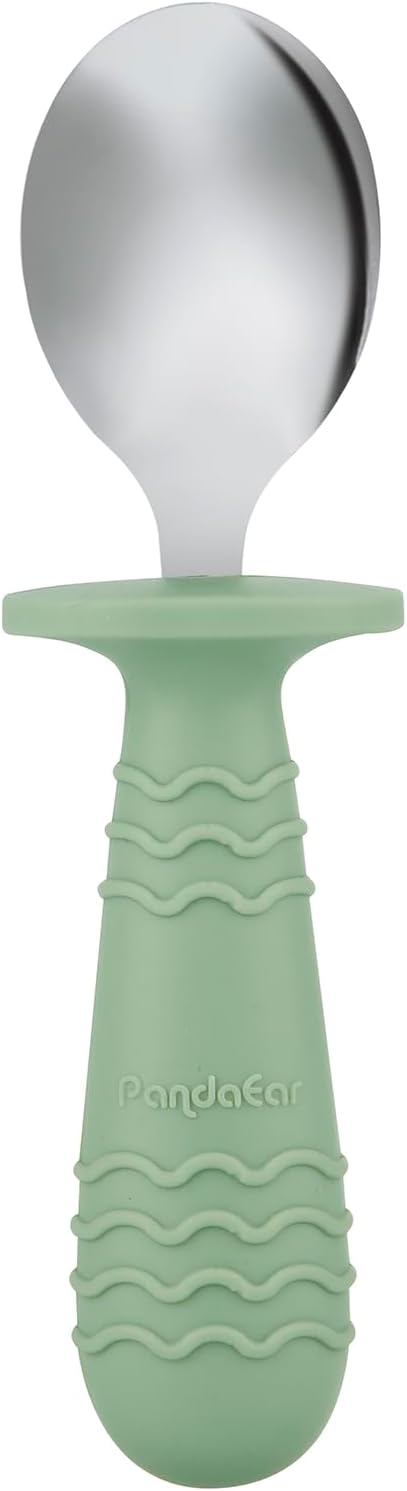 PandaEar 6 Pieces Baby Toddler Silicone Stainless Steel Utensils Silverware Spoon Fork for Baby Toddler BPA Free with Silicone Holding Anti-Choke Design (Blue Green Beige)