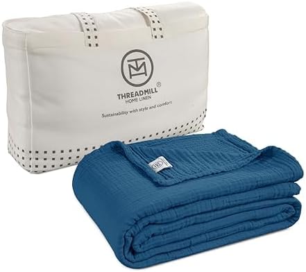 Threadmill Muslin King Blanket | 4 Layer 100% Cotton Gauze Summer Blanket | Soft, Breathable, and Cozy for All Seasons | Lighweight King Size Blanket for Bed | Folkstone Blue