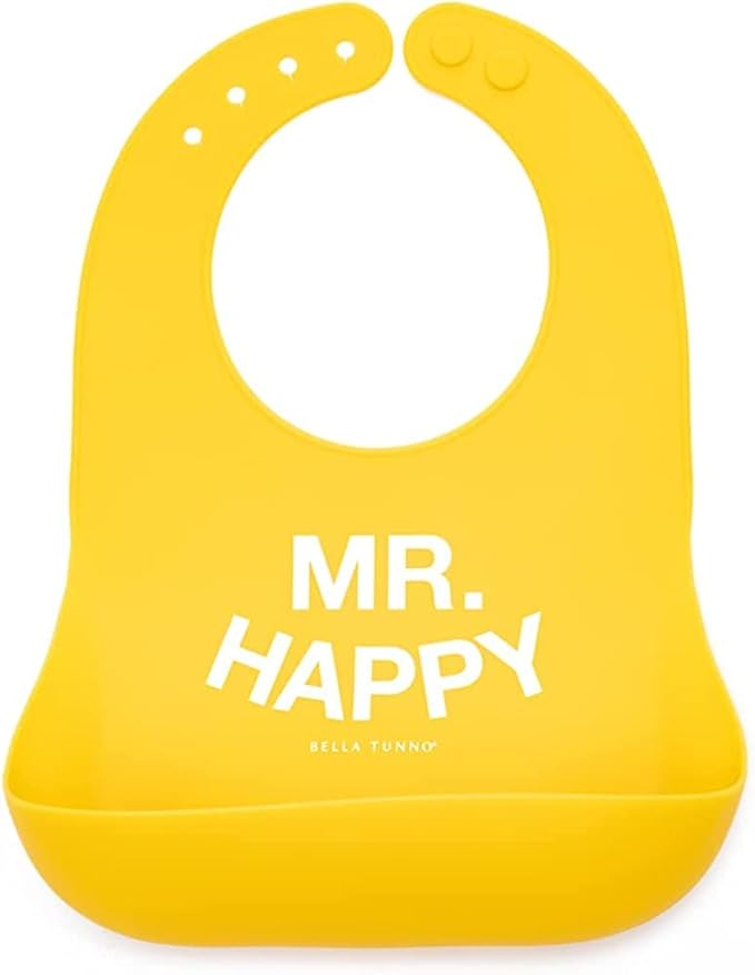 Baby Bib for Eating by Bella Tunno, Waterproof Silicone Bib with Large Food Catcher, Adjustable Fit for Babies 4-12 months & Toddlers 1-3 Years, Boys & Girls, Mr Happy