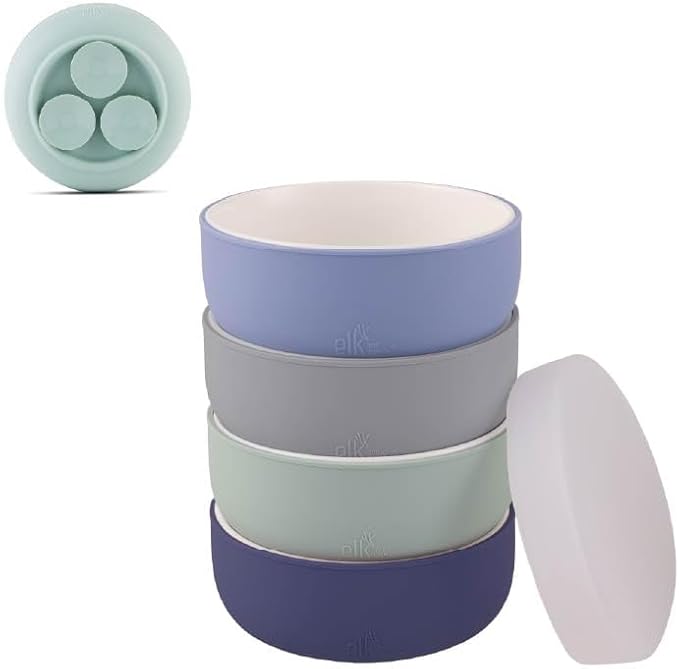 Elk and Friends Kids Porcelain Bowls with Silicone Suction Sleeve + Silicone Lid | Kids/Toddler/Baby Feeding | Microwave & Dishwasher Safe | Non slip | Cereal/Soup/Snack Dishes & Dinnerware