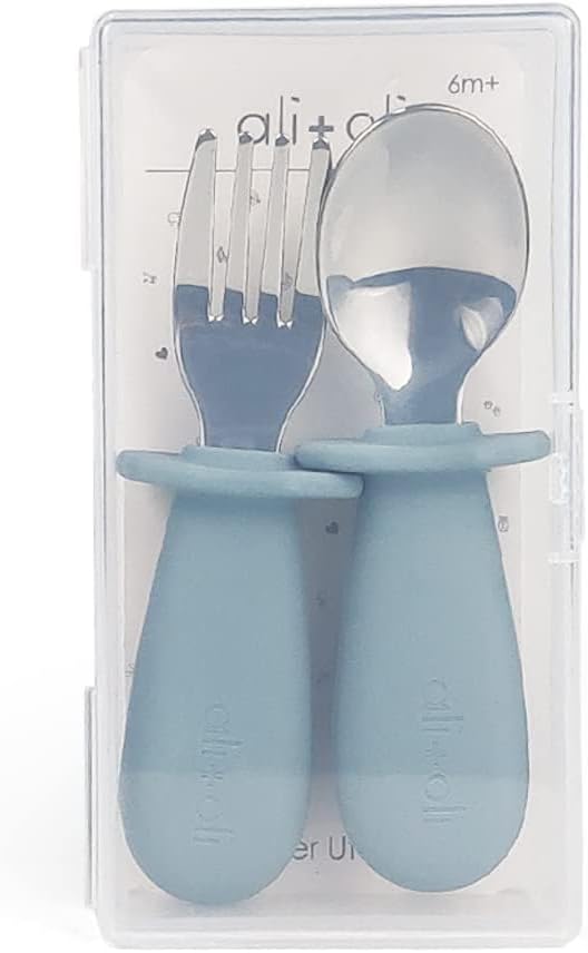 Ali+Oli Spoon & Fork Learning Set for Toddlers (Powder Blue) 6m+ Grab Easy BPA Free Food-Grade Silicone Handle, Kids Silverware Self Feeding Baby Utensil, Multi-stage Baby Feeding Set Ergonomic Design