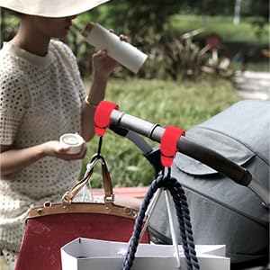 Baby Stroller Hooks Bag Hooks for Hanging Diaper Bags Multipurpose Hooks for Grocery Shopping Bags Premium Vegan Leather Pram Straps 2 Pcs (red)