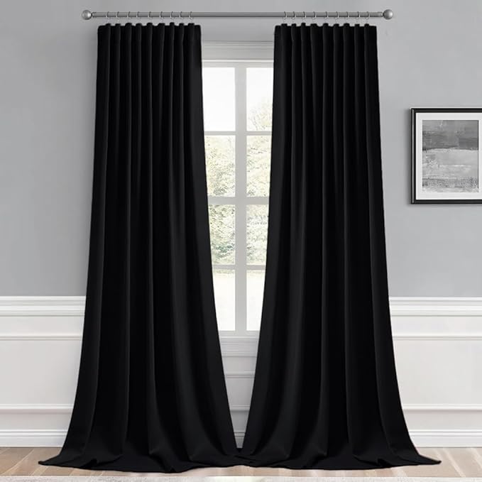 MIULEE Back Tab Blackout Curtains 108 Inch Long 2 Panels Set for Living Room Bedroom, Halloween Black Rod Pocket/Pinch Pleated Extra Long Thermal Insulated Room Darkening Light Blocking Curtain/Drapes