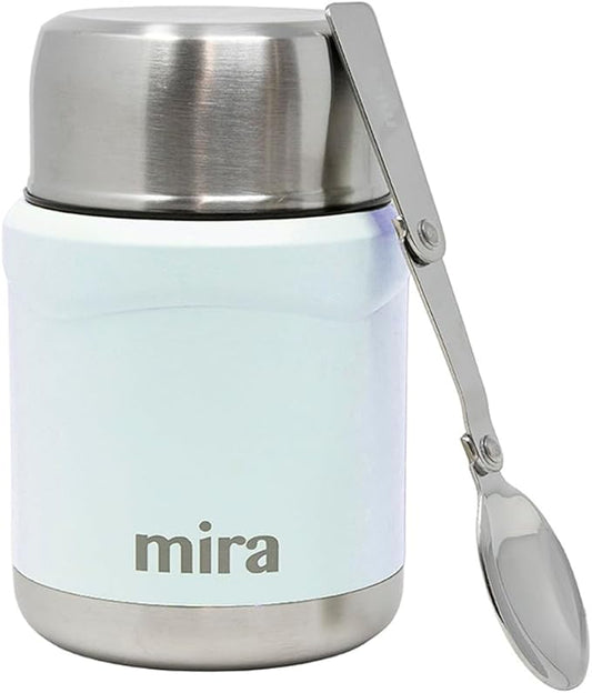 MIRA 15 oz Insulated Food Thermos for hot and cold foods - Leak-Proof Stainless Steel Container with Spoon - Pearl Blue