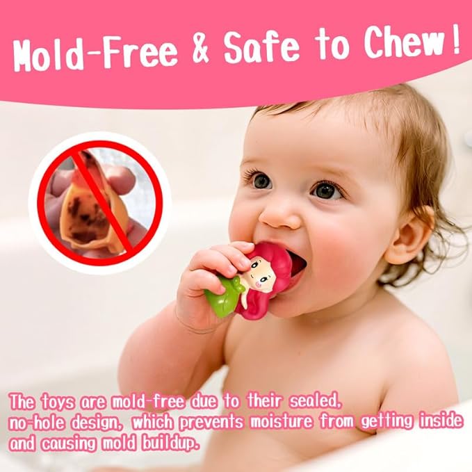No Hole Bath Toys for Kids Ages 1-3, 8 Pcs Girl Bath Toys with Storage and Net, Sealed & Squeezable & Float on Water