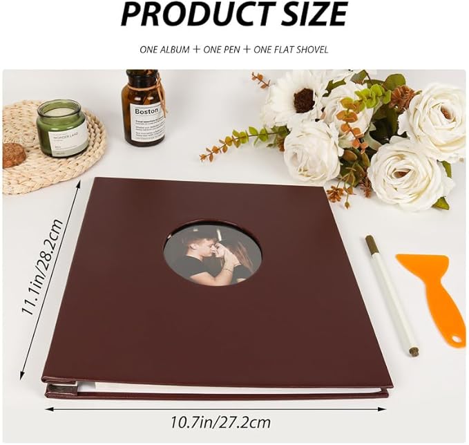 RECUTMS Photo Album Self Adhesive with Round Window 4x6 5x7 6x8 8x10 Magnetic Scrapbook with 40 Pages Leather Cover DIY Photo Album with Metallic Pen and Scraping Plate (Brown)