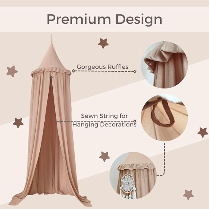 Wonder Space Kids Bed Canopy with Ruffles, Pastel Neutral Color for Boys & Girls, Frilled Cotton Tent Nursery Room Baby Crib Hanging Curtain Mosquito Netting Children Reading Nook Decoration (Nougat)