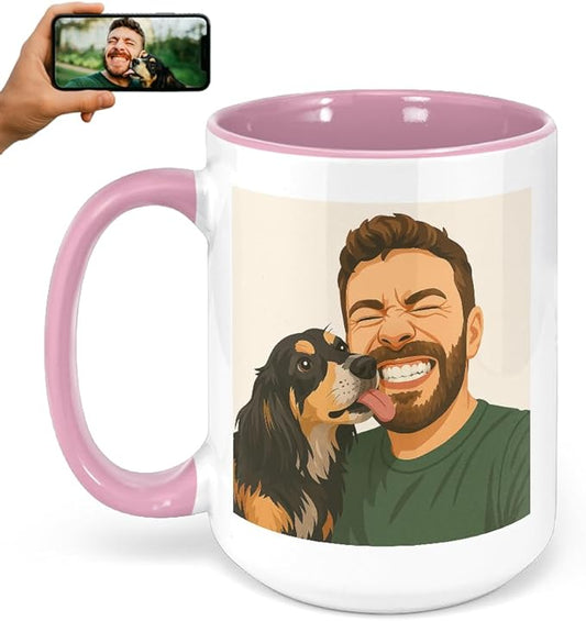 Personalized Coffee Mug, Custom Drawing Portrait Gift, Funny Customized Coffee Gift for Men & Women, Custom Mugs with Pictures, Pink 15oz Customized Ceramic Tea Cup