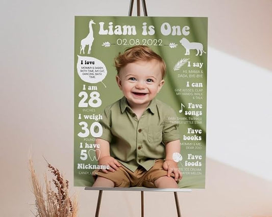 Generic Personalized First Birthday Milestone Sign, My First Year Photo Poster, Wild One First Year Baby Milestone Board, Design 014