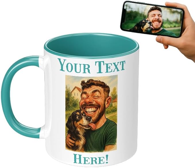 Personalized Coffee Mug, Custom Photo Caricature Gift, Funny Customized Coffee Gift for Men & Women, Custom Mugs with Pictures, Teal 11oz Customized Ceramic Tea Cup