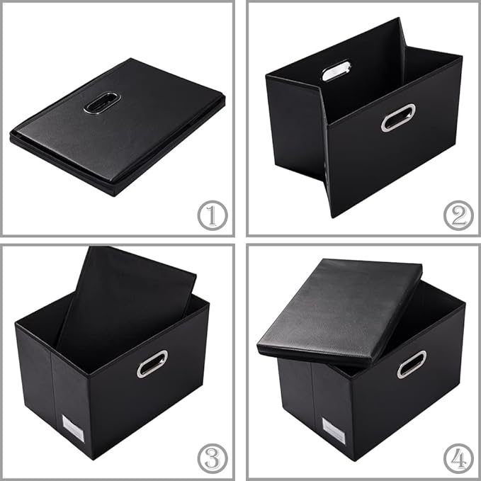 PRANDOM Extra Stackable Storage Bins with Lids [5-Pack] Leather Fabric Foldable Storage Boxes Organizer Containers Baskets Cube with Cover for Bedroom Closet Office Nursery Black (22.8x15.7x13.8)