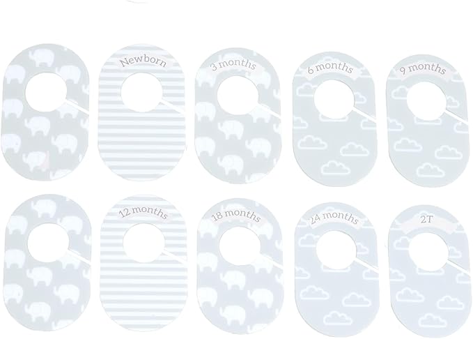 The Peanutshell 10 Pack Baby Closet Dividers Boy or Girl, Baby Clothes Organizer, Toddler Hanger, Closet Size Dividers, Nursery Organization for Clothing Storage, Newborn to 2T; Elephant Nursery Decor