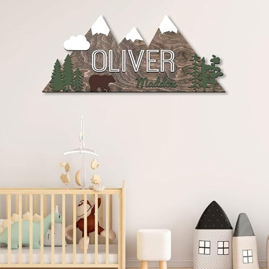 Personalized Name Sign, Mountain nursery decor, Layered Nursery baby name sign, Woodland nursery decor, Woodland theme nursery, Baby woodland nursery, Nursery name sign for boys gift/7