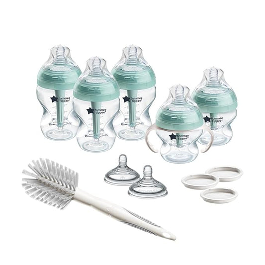 Tommee Tippee Advanced Anti-Colic 12 Piece Set, 5 oz and 9 oz BPA Free Bottles, Newborn 0+ Months, Includes Slow & Medium-Flow Breast-Like Nipples and Bottle Handles and Cleaning Brush